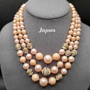 Vintage Japan Pink Art Glass Bead Necklace, 3 Strands, 1950s Jewelry